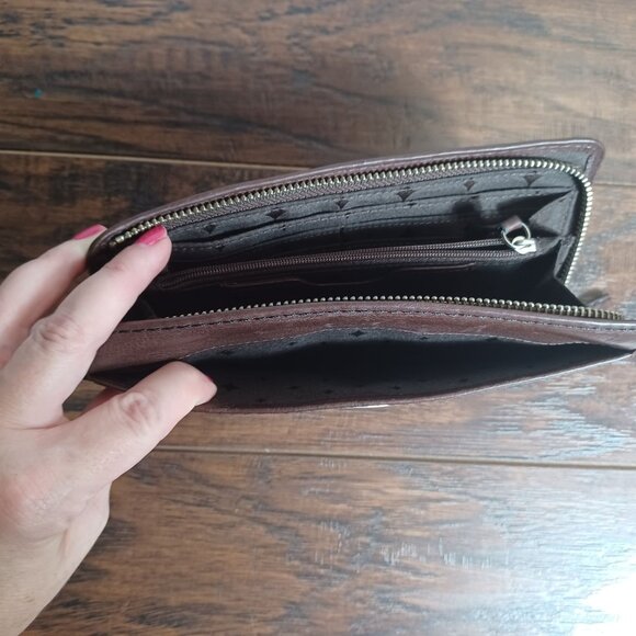 Fossil Wallet Womens Brown Leather Canvas Geometric Zip ID Card Coin - Picture 5 of 10